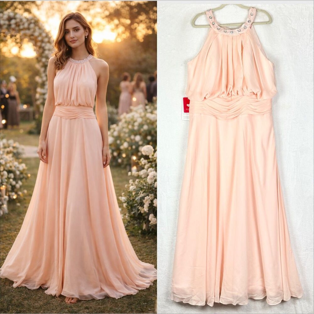 JJ's House Halter Neck Chiffon Bridesmaid Dress Size 18W Pearl Pink NWT